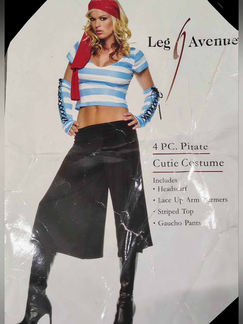Costume: Pirate Cutie Girl w Blue Striped Crop Top, Laced Sleeves, Red Scarf